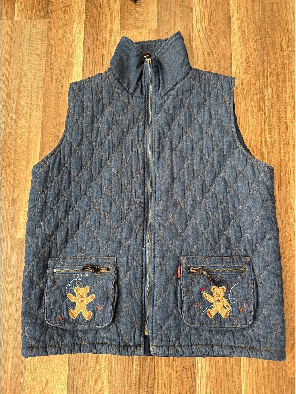 Wang Lih Quilted Denim Teddy Bear Vest Women's L Blue Embroidered Y2K Style